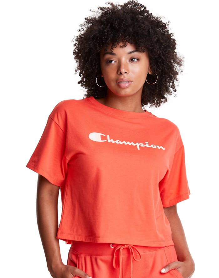 Camiseta Champion Mujer - Cropped Script Logo ( Naranjas ) 3564809-YW